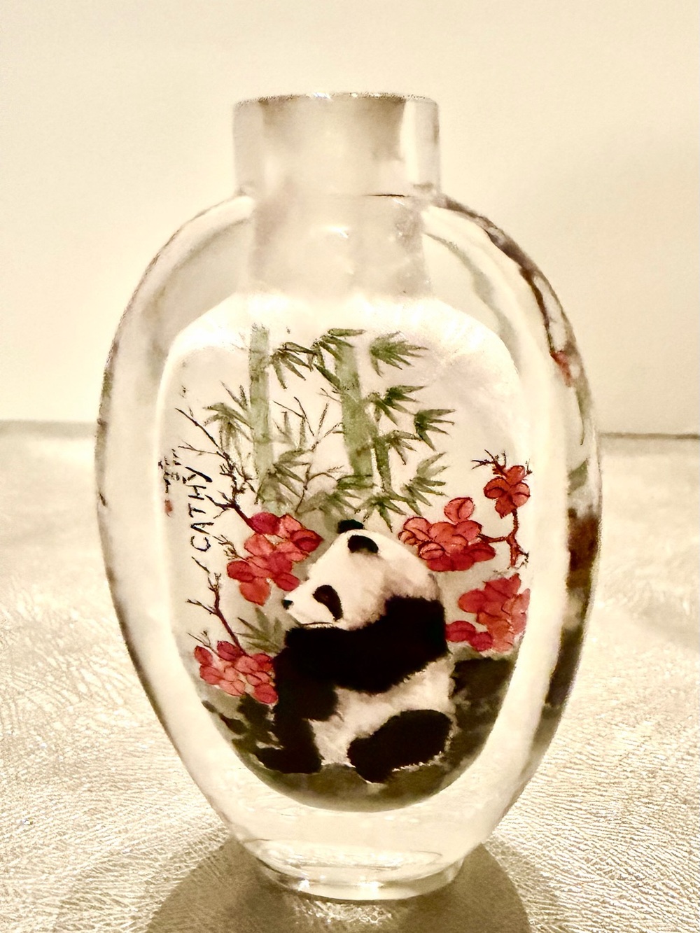 Vtg. Reverse Glass Panda Inside-Painted Bottle w/Red Floral Design.